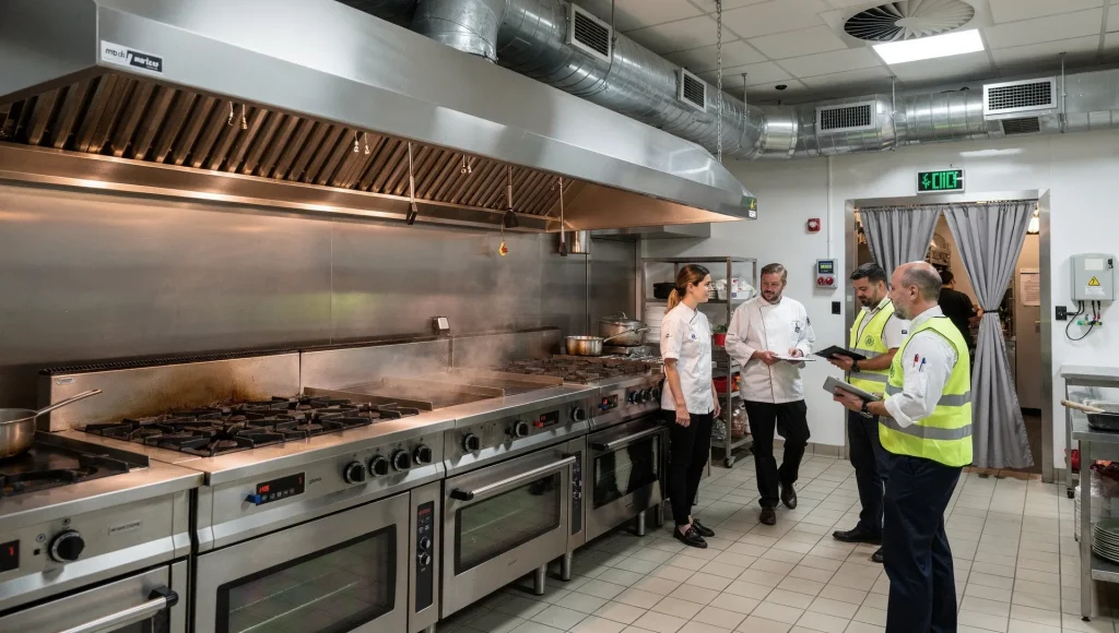 Sopralluogo tecnico in una cucina professionale con cappa aspirante, linea di cottura e ventilazione